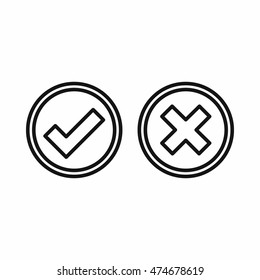Tick and cross circle shape icon in outline style on a white background