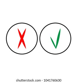 Tick and cross in circle sign isolated on white background. Green tick and red cross sign. Tick and cross symbol . White sticker vector illustration. Flat vector image. Vector illustration.