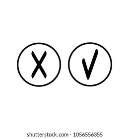 Tick and cross in circle sign isolated on white background. Black tick and red cross sign. Tick and cross symbol. White sticker vector illustration. Flat vector image. Vector illustration.