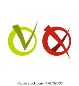 Tick and cross in circles icon in flat style isolated on white background. Click and choice symbol vector illustration