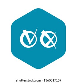 Tick and cross in circles icon in simple style isolated on white background. Click and choice symbol