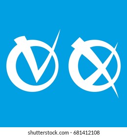 Tick and cross in circles icon white isolated on blue background vector illustration