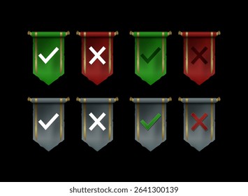 tick and cross, correct or false fantasy rpg medieval game icon with red green banner flag