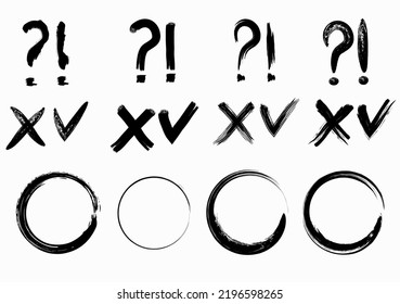 Marcado, cruz, signos de exclamación y signos de interrogación. Conjunto de pincel dibujado a mano. Vector aislado en fondo blanco