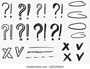 Tick, cross, exclamation marks and question marks. Hand drawn brush set. Vector, isolated on white background