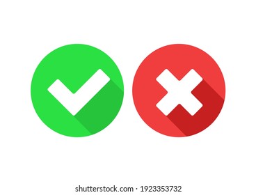 Tick and cross flat icons. Tick and cross circle buttons isolated on white.