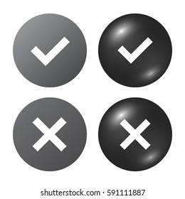 Tick and cross gray signs. Silver checkmark OK and X icons, isolated on white background. Marks graphic design. Circle symbols YES and NO button for vote, decision, web. Vector illustration