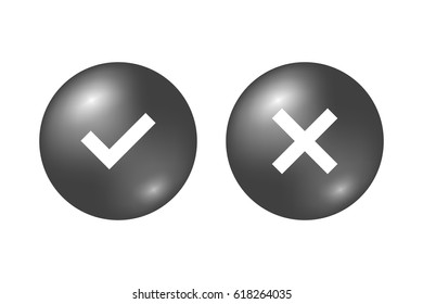 Tick and cross gray signs. Silver checkmark OK and X icons, isolated on white background. Marks graphic design. Circle symbols YES and NO button for vote, decision, web. Vector illustration