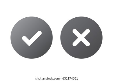 Tick and cross gray signs. Silver checkmark OK and X icons, isolated on white background. Marks graphic design. Circle symbols YES and NO button for vote, decision, web. Vector illustration