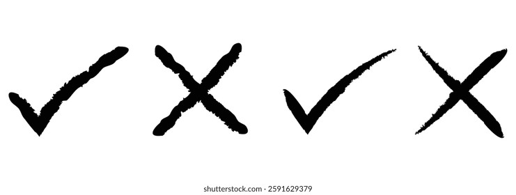 Tick and cross . Green checkmark OK and red X icons, isolated on white background. Circle symbols YES and NO button for vote, decision, web. Vector illustration eps 888. tick and cross brush vector.