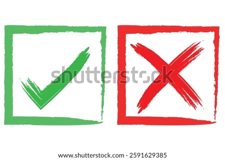 Tick and cross . Green checkmark OK and red X icons, isolated on white background. Circle symbols YES and NO button for vote, decision, web. Vector illustration eps 888. tick and cross brush vector.