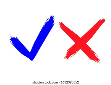 Tick and cross grunge. Simple marks graphic design. Tick and cross signs. Blue checkmark OK and red X icons. graphic elements for web banners, web design, web sites, infographics. Vector illustration