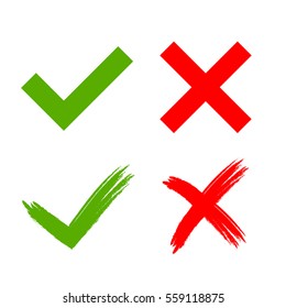 Tick and cross grunge and simple signs. Green checkmark OK and red X icons, isolated on white background. Marks design. symbols YES and NO button for vote, decision, web. Vector illustration