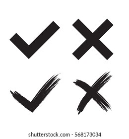 Tick and cross grunge and simple signs. Black checkmark OK and X icons, isolated on white background. Marks design. symbols YES and NO button for vote, decision, web. Vector illustration