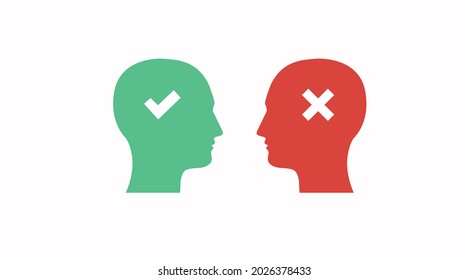 Tick and Cross Human Heads icon set. Vector isolated flat editable illustration of right and wrong mind concept