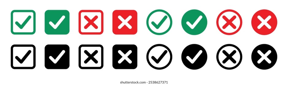 Conjunto de Botones de icono de marca, cruz. Sí o no símbolo, aprobado o rechazado icono para la interfaz de usuario.