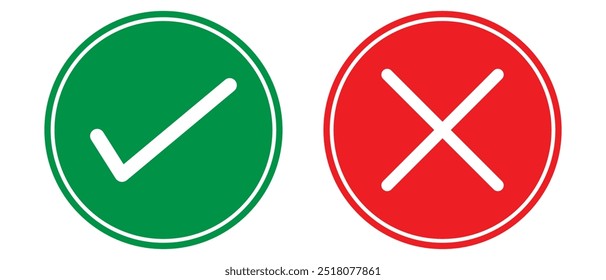 Icono de marcar y cruzar. Marque el conjunto de Botones del icono. Marca de verificación verde e icono de marca de cruz roja, aislado sobre fondo blanco. Ilustración vectorial.