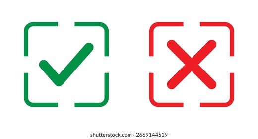 Icono de marca y cruz. Marca de verificación y símbolo X.