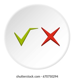 Tick and cross icon in flat circle isolated vector illustration for web