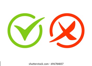 Tick and cross icon. Green and red signs. Vector illustration