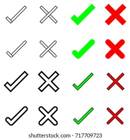 Tick and cross icon isolated on white background. EPS10 vector illustration for design element, icon, sign, symbol, web. Right and wrong check mark set in red and green and monochrome thin line style.
