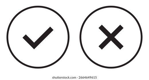 Icono de garrapata y cruz sobre fondo blanco. Icono negro del tick y de la cruz del Vector del círculo en el fondo blanco. Icono de Vector sobre fondo blanco. Icono de garrapata y cruz sobre fondo blanco. EPS 10.