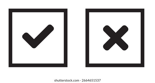 Ícone de tique e cruz em fundo branco. Vetor quadrado preto tique e ícone de cruz no fundo branco. Ícone de vetor no fundo branco. Ícone de tique e cruz em fundo branco. EPS 10.