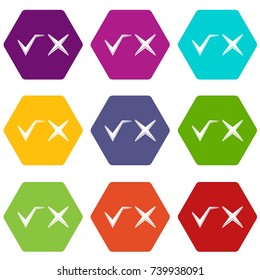 Tick and cross icon set many color hexahedron isolated on white vector illustration