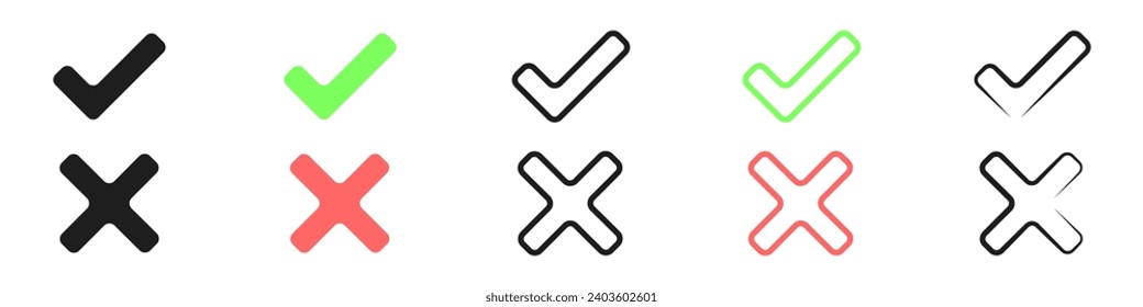 Tick and cross icon set. Outlines of a tick and a cross. Choice vector icon. Set of voting symbols.