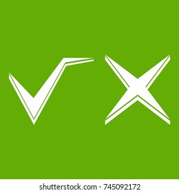 Tick and cross icon white isolated on green background. Vector illustration