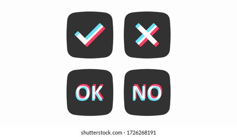 Tick and cross icons. Answer choice. Yes and no elements. A set of dark square buttons with three color icons symbolizing the answer Yes and No. Vector illustration