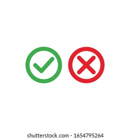 Tick and cross icons. Green checkmark OK and red X icons, Circle shape symbols YES and NO button for vote, decision, web. Correct and wrong symbols. Stock Vector illustration isolated on white