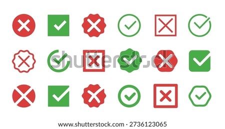 Tick and cross icons. Green checkmarks, red cancel symbol, yes and no mark, V and X button, survey notification approval sign, correct and incorrect checkbox. Right and wrong reject alert vector set.