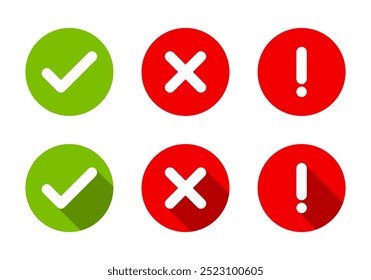 Tick, cross mark and exclamation mark icon with long shadow. Checkmark, x, and warning sign symbol