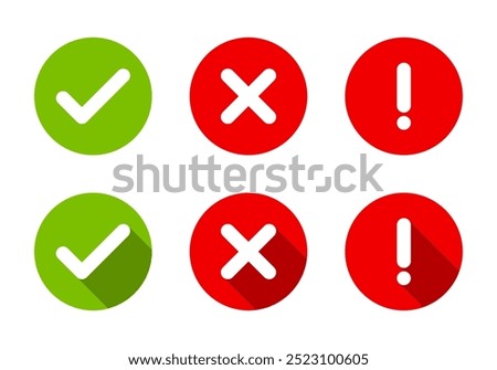 Tick, cross mark and exclamation mark icon with long shadow. Checkmark, x, and warning sign symbol
