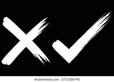 tick and cross mark. hand-drawn tick and cross icon set. brush green check and red cross. Grunge brush stroke checkmarks with tick and cross symbols. Green and re grunge style vector illustration set