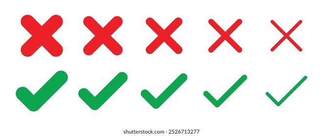 Tick and cross mark set rounded style with various stoke thickness in red and green color. Check mark icon button set. right and wrong signs and yes or no checkmark icons. Vector illustration.