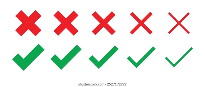 Tick and cross mark set with various stoke thickness in red and green color. Check mark icon button set. right and wrong signs and yes or no checkmark icons. Vector illustration.