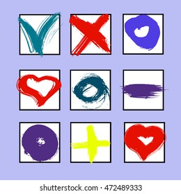 Tick, cross, minus, plus, heart, circle(zero) signs in frames. Symbol vote, survey, exam, heart. Right or wrong choice. Brush grunge hand drawing. 