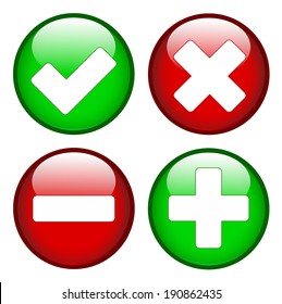 Tick cross minus plus signs on green and red circles