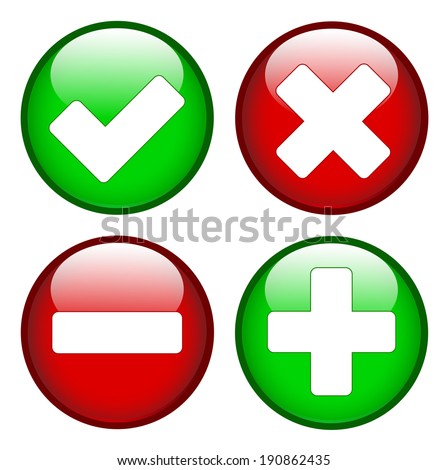 Tick cross minus plus signs on green and red circles