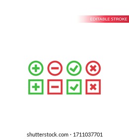 Conjunto de iconos de vector de línea delgada roja y verde, superior y menos. Equivocada y derecha, sí y no chechmark en cuadrado y círculo. Trazo editable.