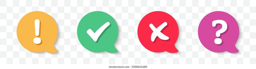 Tick, cross, question mark, exclamation point icons in speech bubble with shadow