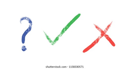 tick, cross and question sign elements. vector buttons for vote, election choice, check marks, approval signs design. Red X, green OK and blue question symbol icons. list marks, survey signs.