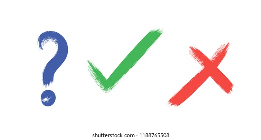 tick, cross and question sign elements. vector buttons for vote, election choice, check marks, approval signs design. Red X, green OK and blue question symbol icons. list marks, survey signs.