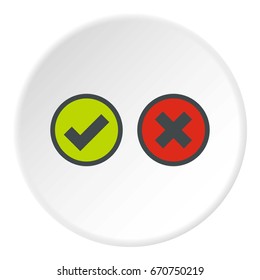 Tick and cross selection icon in flat circle isolated vector illustration for web