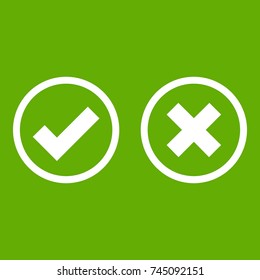 Tick and cross selection icon white isolated on green background. Vector illustration