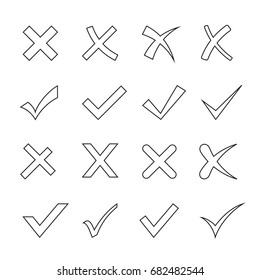 Tick and cross set. Check mark, yes no symbols, choose variant exam forms. Vector flat style illustration isolated on white background
