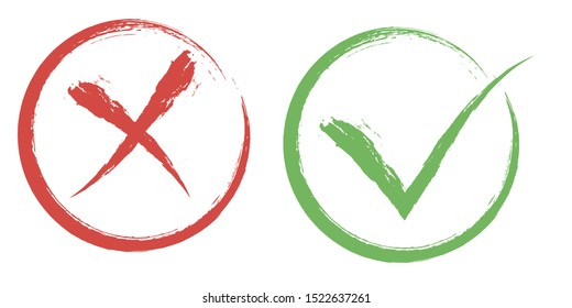 Tick Cross sign elements. Check marks, vector buttons for vote, election choice,  approval signs design. Red X and green OK symbol icons check boxes, choice options, survey signs.