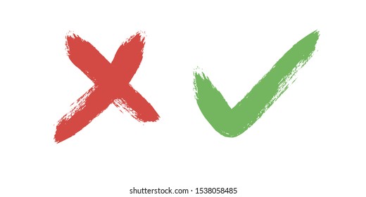 Tick Cross sign elements. Check marks, vector buttons for vote, election choice,  approval signs design. Red X and green OK symbol icons check boxes, choice options, survey signs.